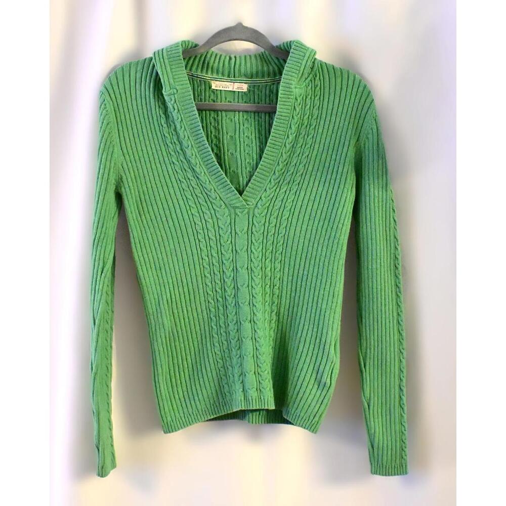 2007 Old Navy Cable-knit V-neck Hooded Sweater - Medium